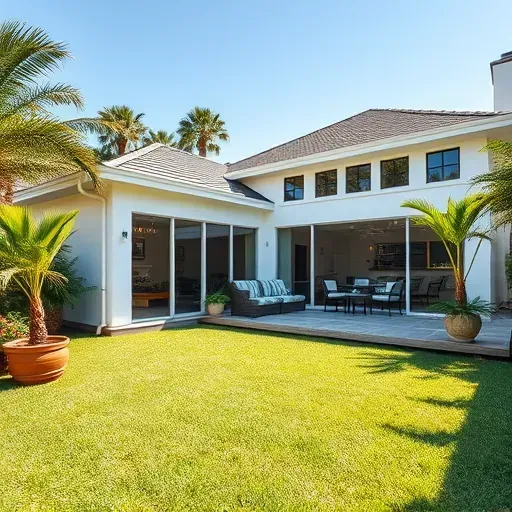 Home addition in Tampa FL showcasing modern architecture, spacious backyard, potted plants, and elegant patio furniture.