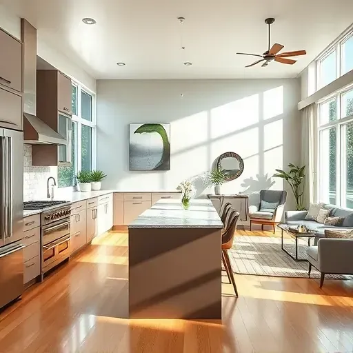 Completed home remodel in Palm Harbor FL featuring a modern kitchen with granite island and inviting living room decor.