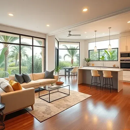 Completed home remodeling in Citrus Park FL featuring a modern open living space with sleek furniture, stylish decor, and lush views.