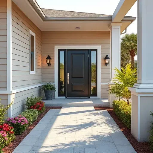Beautiful modern Tampa entryway with lush landscaping, polished pathway, sleek door, and elegant outdoor lighting