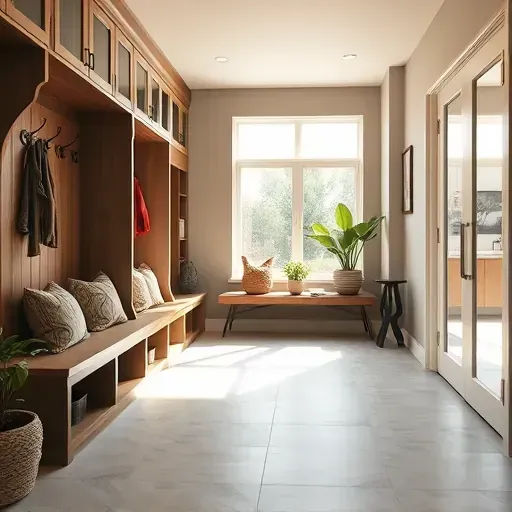 Finished mudroom in Tampa with stylish storage, tiled floor, plush bench, natural sunlight, greenery, seamless interior flow