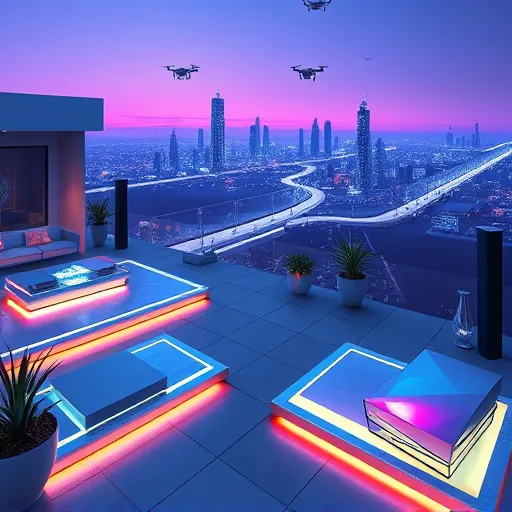 A futuristic backyard scene featuring innovative, modular floating decks crafted from shimmering metallic materials with holographic accents in shifting shades of blue, silver, and iridescent violet. Embedded LED strips along the deck edges emit a soft glow, enhancing the space-age aesthetic. Minimalist, abstract furniture with sharp angles and translucent surfaces surrounds the decks, blending comfort with high-tech design. Levitating planters with floating greenery add a whimsical touch, while robotic drones hover overhead tending to plants and providing illumination. In the background, a luminous digital cityscape with towering glass structures and glowing pathways extends towards a twilight sky transitioning from purple to midnight blue. Quirky elements, such as a tiny floating fountain with shimmering holographic water and a transparent levitating pool table, introduce playful sophistication. The scene combines sleek lines, dynamic perspectives, and metallic sheens to embody a visionary, high-tech outdoor environment filled with innovation, optimism, and imaginative charm.