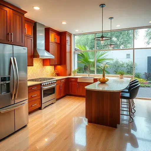 Modern kitchen remodel in Tampa featuring stainless steel appliances, granite island, and elegant glass tile backsplash.