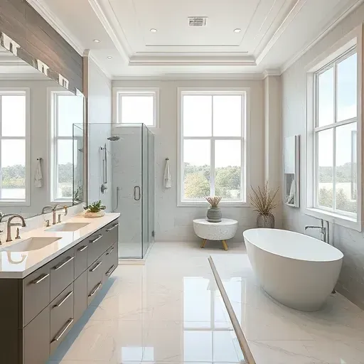 Modern renovated Tampa bathroom with glass shower, freestanding tub, marble counters, sleek fixtures and coastal accents