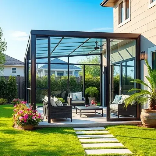 Beautiful Tampa patio enclosure with glass panels, aluminum framing, lush landscaping, modern furniture, and outdoor lighting