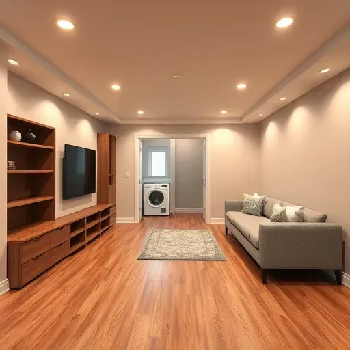 Finished Tampa basement with hardwood floors, neutral walls, modern lighting, built-in shelves, media center, cozy seating, and laundry area