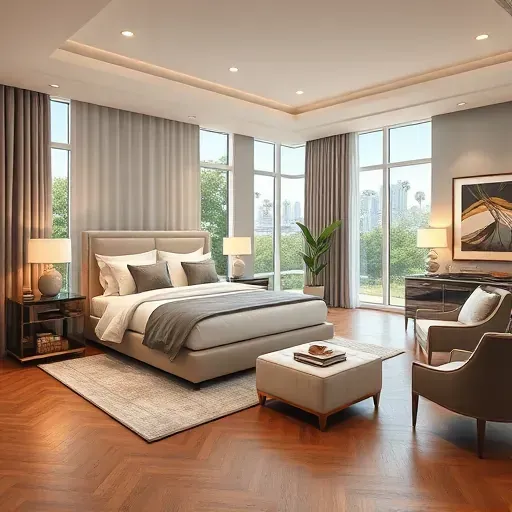 Remodeled Tampa master suite with elegant furnishings, large windows, lush view, wood flooring, and sophisticated decor