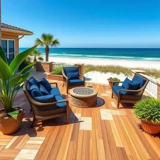 Completed home remodeling in Madeira Beach FL with elegant outdoor patio, natural stone, composite decking, and tropical plants.