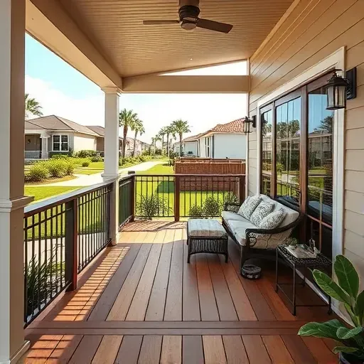 Modern Tampa porch with wooden deck wrought iron railings lush greenery outdoor furniture bright Florida sky
