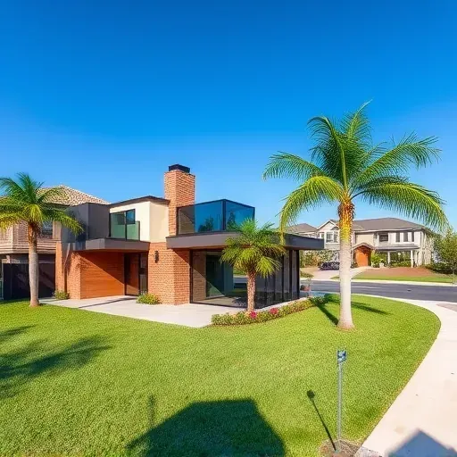 Modern Tampa home extension with brick, wood, and glass detailing, lush landscaping, and tropical palms under a blue sky
