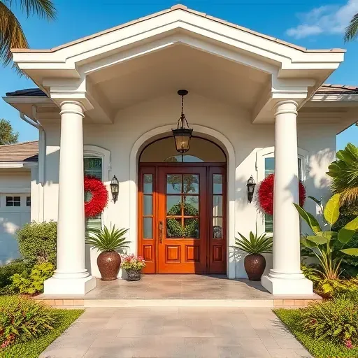 Modern Tampa entryway with custom moldings, stylish lighting, tropical plants, lush landscaping, and a welcoming porch