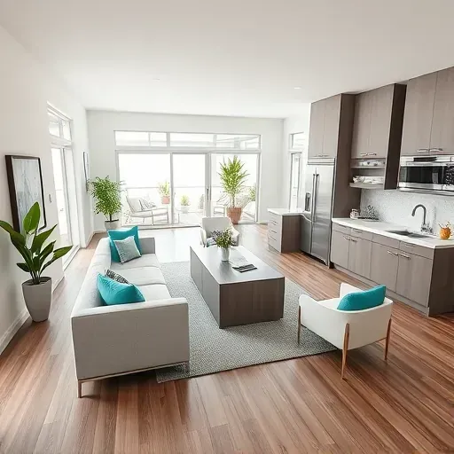 Modern St. Petersburg living room with hardwood floors, large windows, and coastal decor featuring teal accents.