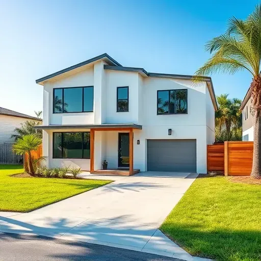 Modern ADU in Tampa Florida with large windows tropical landscaping lush lawn paved driveway and contemporary design