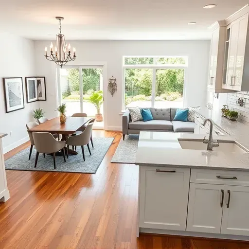 Home remodeling in South Tampa featuring a sleek kitchen, open living area, and stylish dining space with natural light.