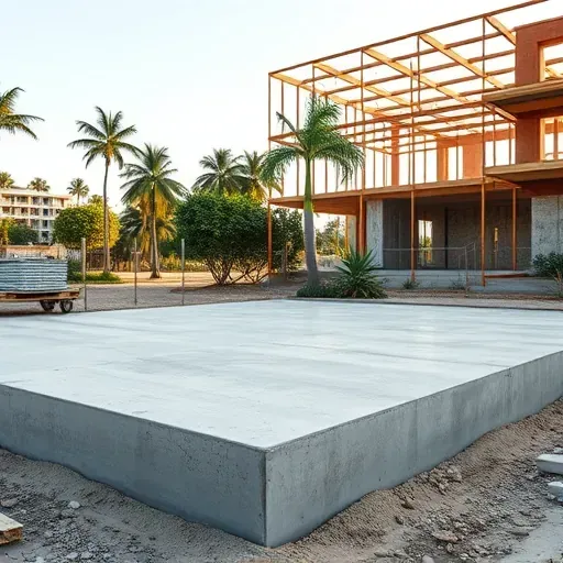 Freshly poured concrete foundation for Tampa building addition with construction site details, steel beams, lush greenery, and clear Florida sky