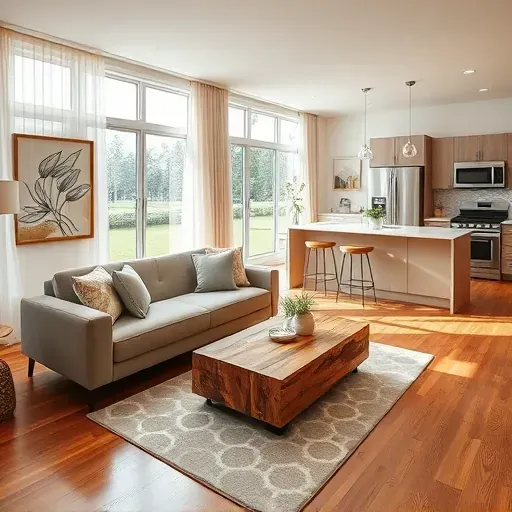 Elegant living room in Temple Terrace, FL featuring a modern design with natural light, sleek furniture, and upscale kitchen.