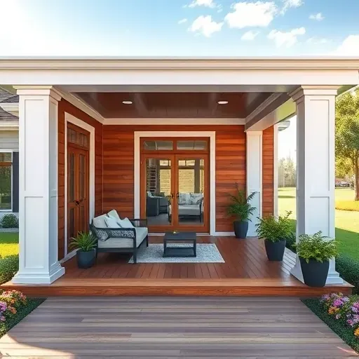 Beautiful Tampa porch with white columns, composite decking, cozy furniture, potted plants, lush lawn, and vibrant flowers.