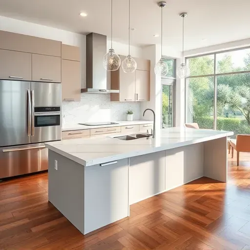 Completed modern kitchen in Tampa with matte cabinets quartz island stainless steel appliances textured backsplash hardwood floors and large windows