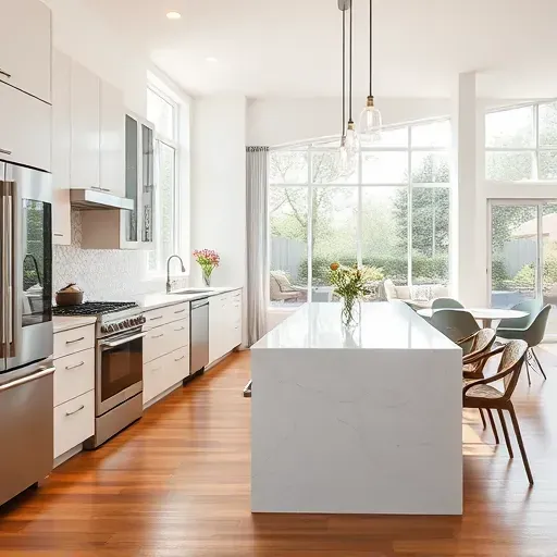 Bright Tampa remodeled kitchen with modern cabinetry quartz countertops stainless steel appliances island pendant lighting open-concept living area