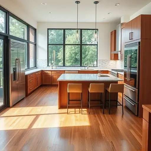 Modern Tampa kitchen with sleek wood cabinets, stainless steel appliances, large windows, quartz counters, and hardwood floors