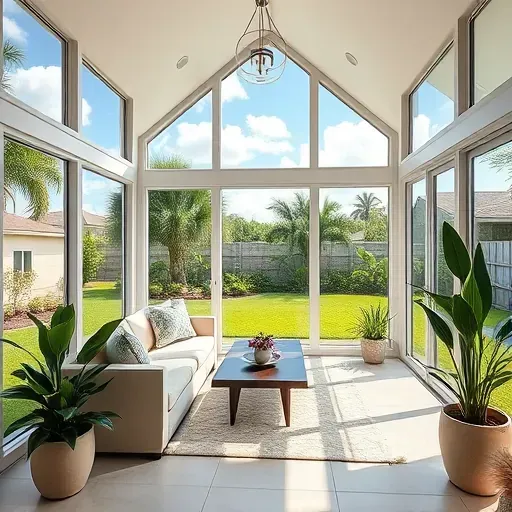 Beautiful finished sunroom in Tampa with large windows, modern furnishings, lush plants, and a sunny garden view
