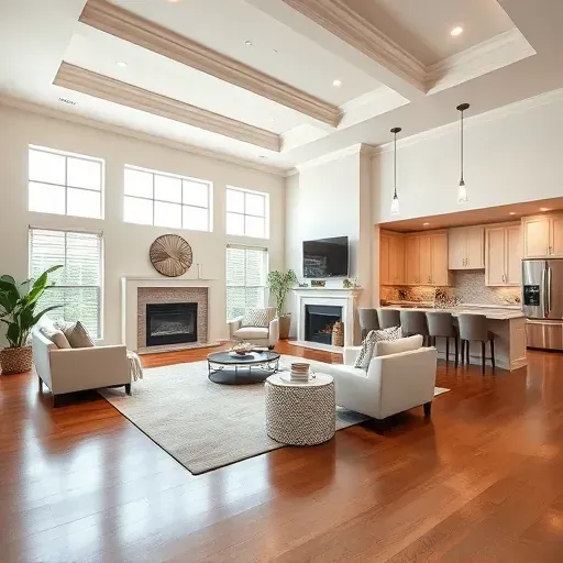 Stylish Palm Harbor living room featuring high ceilings, elegant molding, cozy fireplace, and luxurious furnishings.