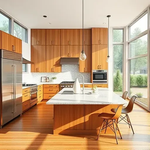 Modern kitchen remodel in Odessa, FL, featuring high-end appliances, granite island, and warm wooden cabinetry.