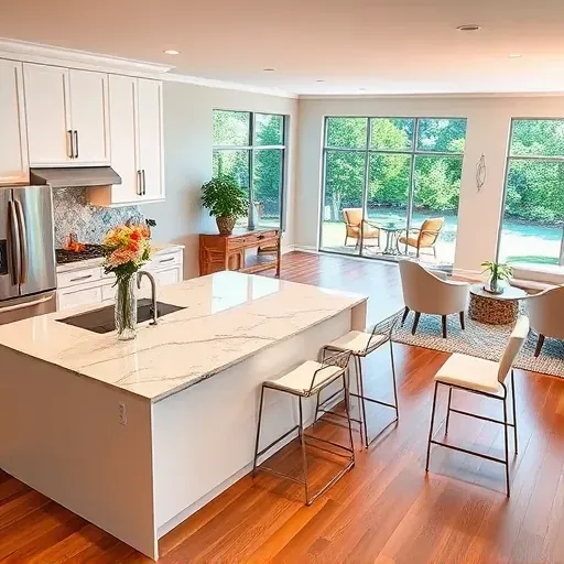 Modern kitchen remodel in Riverview, FL features white cabinetry, granite countertops, and stainless steel appliances.