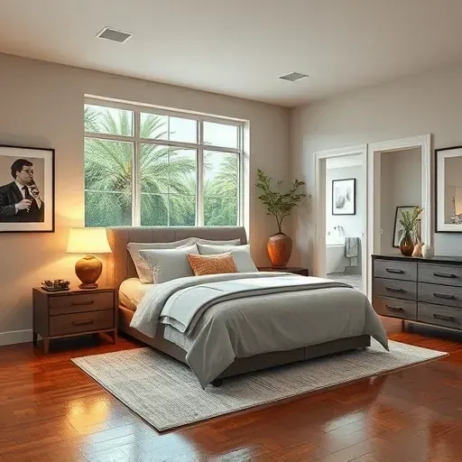Renovated Tampa bedroom addition with plush bed, elegant furniture, lush greenery view, hardwood floors, and modern en-suite