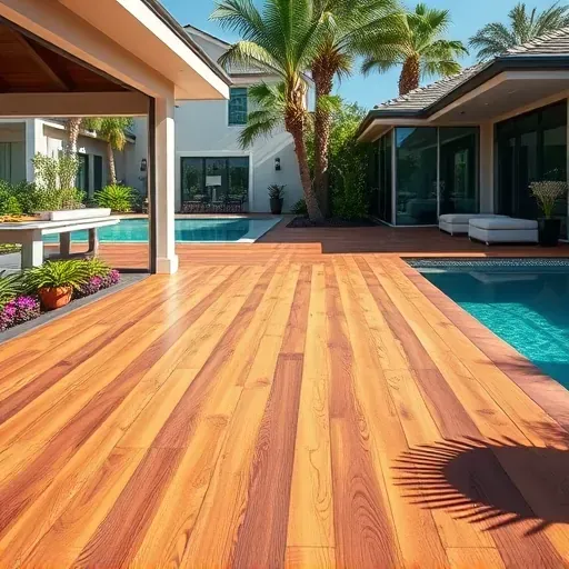 Beautiful Tampa backyard deck with warm wooden planks, lush tropical landscaping, sparkling pool, and modern outdoor furniture
