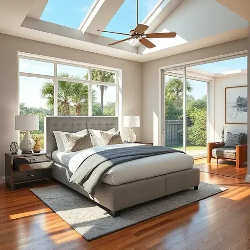 Beautiful renovated Tampa bedroom with modern furniture, plush bedding, natural sunlight, lush greenery, and polished hardwood floors