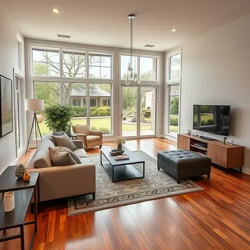 Beautiful renovated family room in Tampa with large windows, hardwood floors, modern decor, and outdoor view