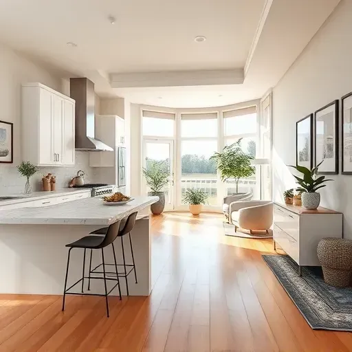 Home remodeling in Sun City Center FL featuring a stylish kitchen, living area, white cabinetry, granite countertops, and hardwood floors.