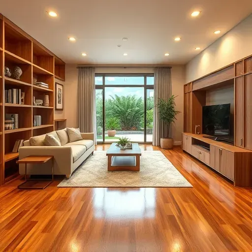 Finished Tampa basement with hardwood floors, built-in wooden shelves, cozy seating, neutral walls, lush backyard view