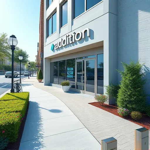 Modern Tampa office exterior with glass storefront, lush landscaping, and bright inviting atmosphere