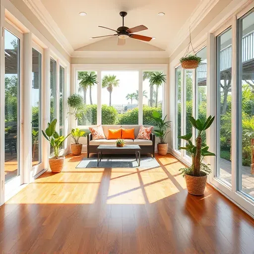 Beautiful Florida porch conversion in Tampa with polished wood flooring, white trim, lush greenery, and vibrant cushions