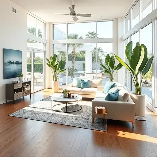 Stylish contemporary living room in Madeira Beach with modern furniture, coastal colors, and large windows.