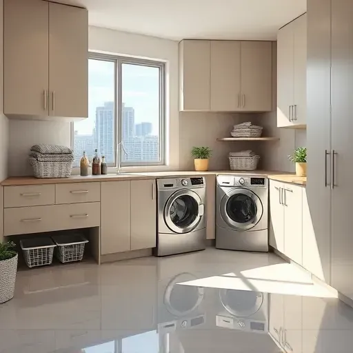 Modern Tampa laundry room with stainless steel appliances, organized laundry baskets, natural light, and contemporary decor
