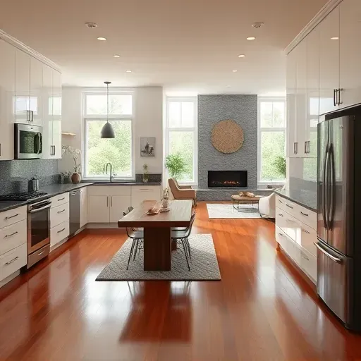 Modern Lutz FL kitchen remodel with white cabinetry, dark granite, hardwood floors, and stylish dining area decor.