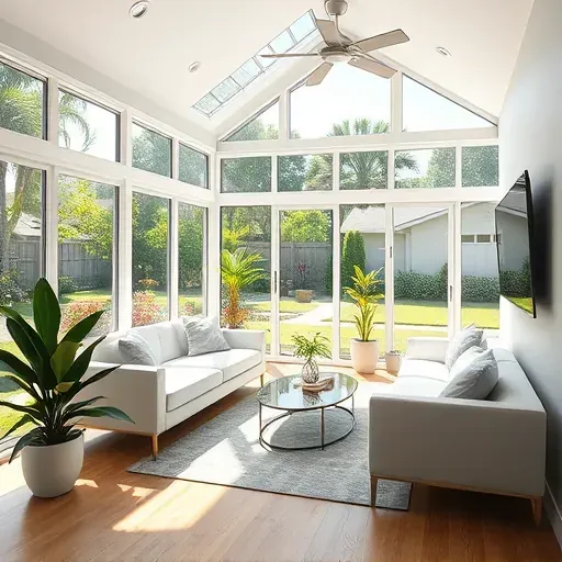 Beautiful sunroom with large glass windows showcasing lush Florida foliage and modern minimal furniture in Tampa