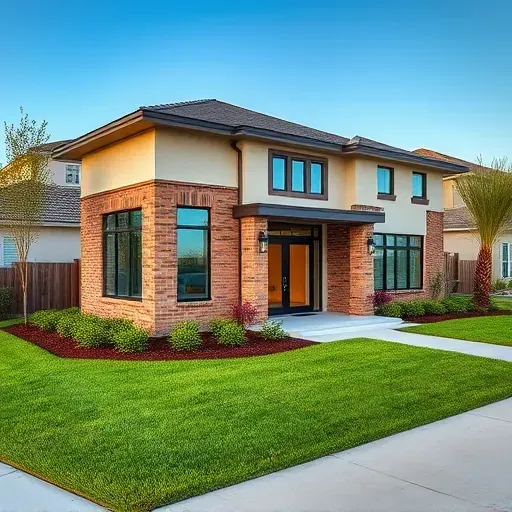 Beautiful modern in-law suite addition in Tampa with brick, stucco facade, large windows, lush lawn, and landscaped yard under bright sky