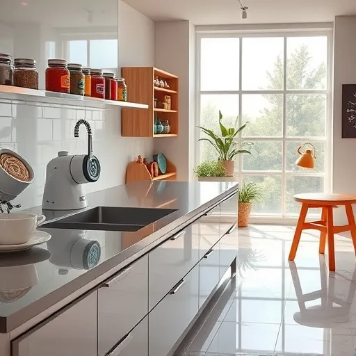 A modern, stylish kitchen featuring a sleek stainless-steel countertop with innovative culinary gadgets, including a glowing futuristic spiralizer and a robotic sous-chef arm reaching into a bowl, adding a playful, high-tech touch. Above the counter, vibrant, mismatched spice jars appear to levitate, creating a lively contrast of order and chaos. An open shelving unit displays vintage teapots and quirky kitchenware, blending eclectic charm with minimalist design. Warm natural light streams through large windows, reflecting off glossy marble floors, creating an inviting atmosphere. Small details like a potted herb garden on the windowsill and a whimsical clock with animated hands add personality. A cozy breakfast nook with colorful stools and a steaming mug emphasizes comfort and innovation, all captured in a realistic style with glossy surfaces, textured wood, and gleaming metallic accents. The scene uses a cheerful, modern color palette of warm grays, creamy whites, bright teal, orange, and fresh greenery, ideal for a blog about creative kitchen ideas.