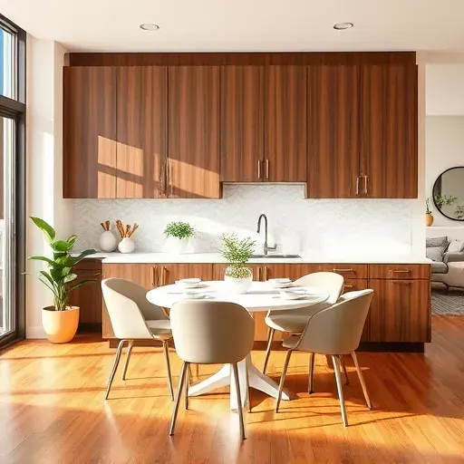 Completed Largo FL home remodel featuring a modern kitchen with walnut cabinetry, white quartz countertops, and elegant backsplash.