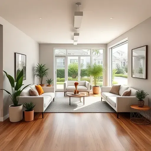 Bright Tampa garage conversion with modern wood flooring neutral walls large windows lush outdoor greenery and stylish decor