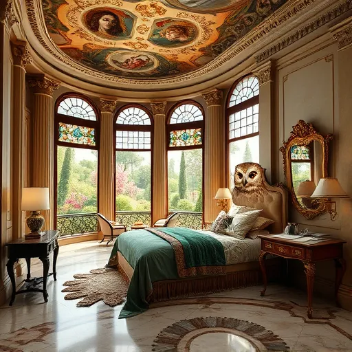 A luxurious master suite addition inspired by High Renaissance grandeur, featuring an opulent bedroom with soaring ceilings decorated with detailed frescoes of mythical and allegorical figures. The plush, regal bed is draped in rich velvets and embroidered silks in deep emerald greens and warm golds. Classical columns and arches with elaborate carvings frame windows that overlook a lush, sunlit garden filled with blooming roses, cypress trees, and waterfalls, blending indoor elegance with outdoor serenity. An antique writing desk with quill and parchment sits nearby, suggesting an intellectual ambiance, while a whimsical owl perched atop a gilded mirror adds charm and personality. Soft, warm light streams through stained-glass windows, casting colorful patterns on the marble floor with intricate geometric inlays. In the background, partially visible new walls and a balcony with ornate wrought iron railings indicate a seamless integration of Renaissance architecture with modern comfort. The scene exudes calm majesty with a muted palette of golds, beiges, deep greens, and rich reds, capturing timeless elegance and understated luxury with touches of whimsy.