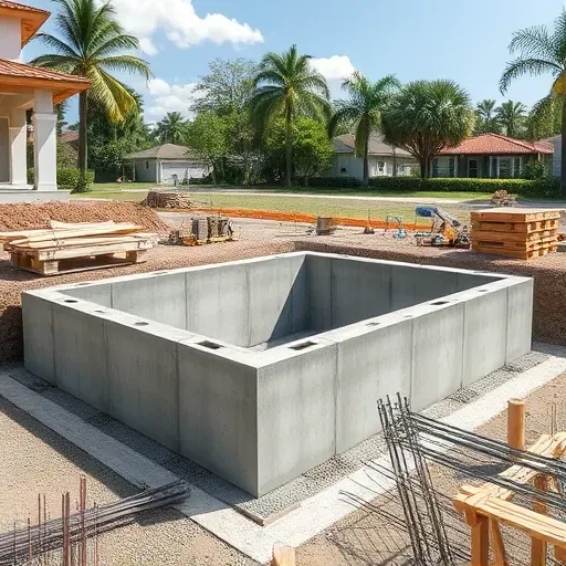 Freshly completed reinforced concrete foundation with construction materials, in sunny Tampa Florida suburban site