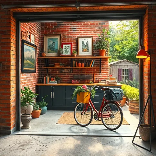 A vibrant, bustling garage transformed into a cozy, creative living space depicted in a Social Realism style. The open garage door reveals a warm interior filled with personality, featuring exposed brick walls decorated with colorful, eclectic artwork and vintage toolboards repurposed into stylish shelves holding potted plants, books, and quirky trinkets. The concrete floor is partially covered with woven rugs, adding comfort to the industrial setting. A bicycle with a flower-filled basket leans against the wall, and a bicycle-shaped lamp emits a soft glow, enhancing the whimsical atmosphere. Soft, diffuse sunlight streams through the open door, casting long shadows and emphasizing a relaxed, inviting environment. Outside, lush greenery and a quaint backyard with a garden gnome peeking through foliage add depth and playful charm. The scene's color palette consists of warm earth tones—burnt oranges, muted greens, and soft browns—accentuated by vibrant reds and blues that uplift the scene. Overall, the image captures a story of transformation, blending practicality with artistic flair, inspiring ideas for making unconventional spaces both inviting and functional—ideal for a blog cover on innovative home conversions.