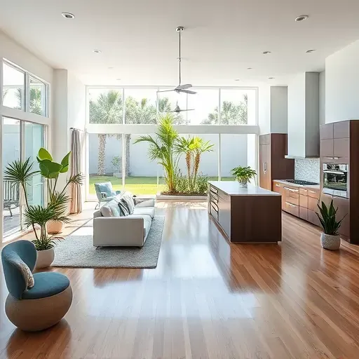 Modern open-concept living space in Pinellas Park, FL, featuring sleek furnishings, natural light, and lush greenery.