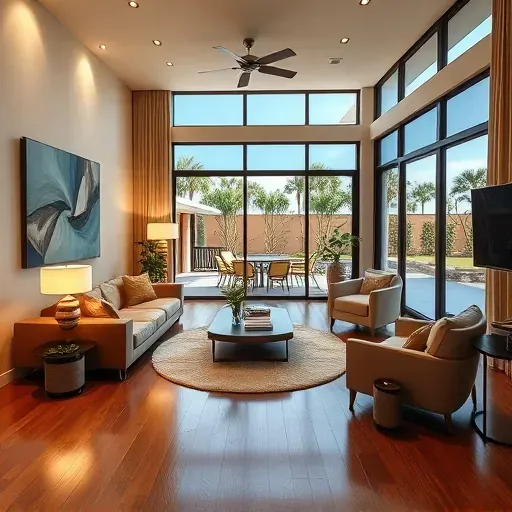 Modern living room in Dade City FL featuring warm wood accents, elegant furniture, large windows, and serene outdoor views.