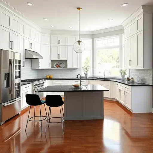 Stunning kitchen renovation in Trinity, FL featuring modern white cabinetry, dark granite countertops, and elegant lighting.